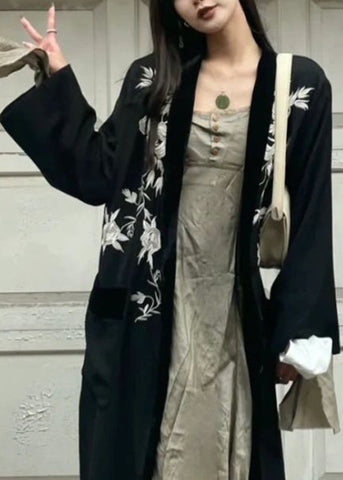New Black Embroideried Cozy Cotton Long Cardigan Long Sleeve