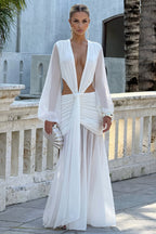 Chiffon Sheer Long Sleeve Cutout Maxi Dress