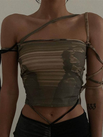 Lace Up Off Shoulder Damen Crop Tops Punk Gothic Camis Hip Hop Bodycon Ärmellos Vintgae Print 90er Streetwear 
