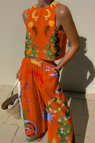Conjunto de camiseta de tirantes y pantalón con bolsillos y cintura elástica con estampado único de mezcla de lino Island Dreaming 