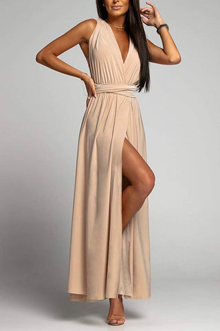 Vestido de fiesta largo Meridress con escote en V, sin mangas, espalda cruzada y abertura alta