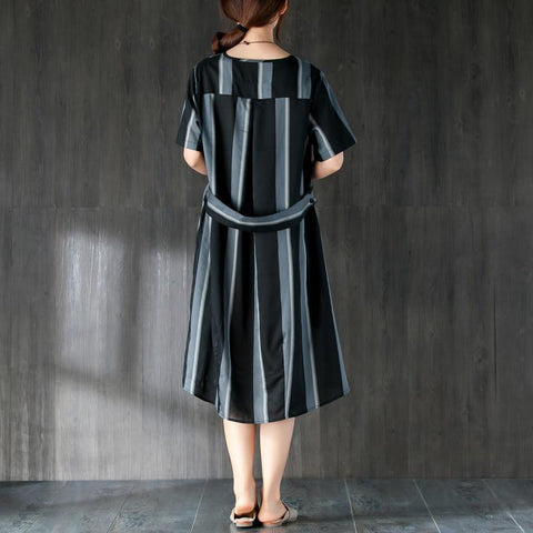 Short Sleeves Stripe Women Dress with Ribbon