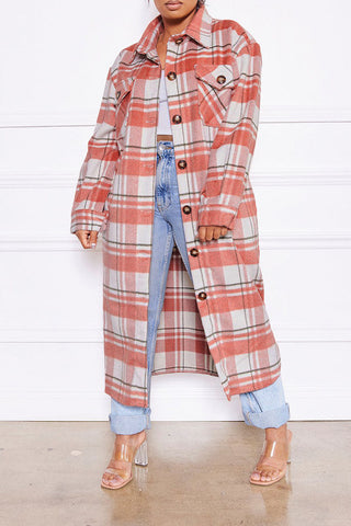 Casual Plaid Print Patchwork Buckle Turndown Collar Outerwear