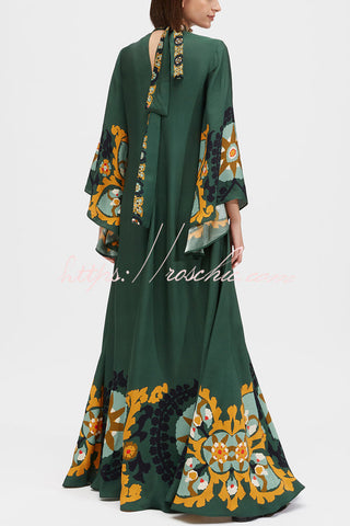 Shine The Light Unique Printed High Neck Bell Sleeve Loose Maxi Dress