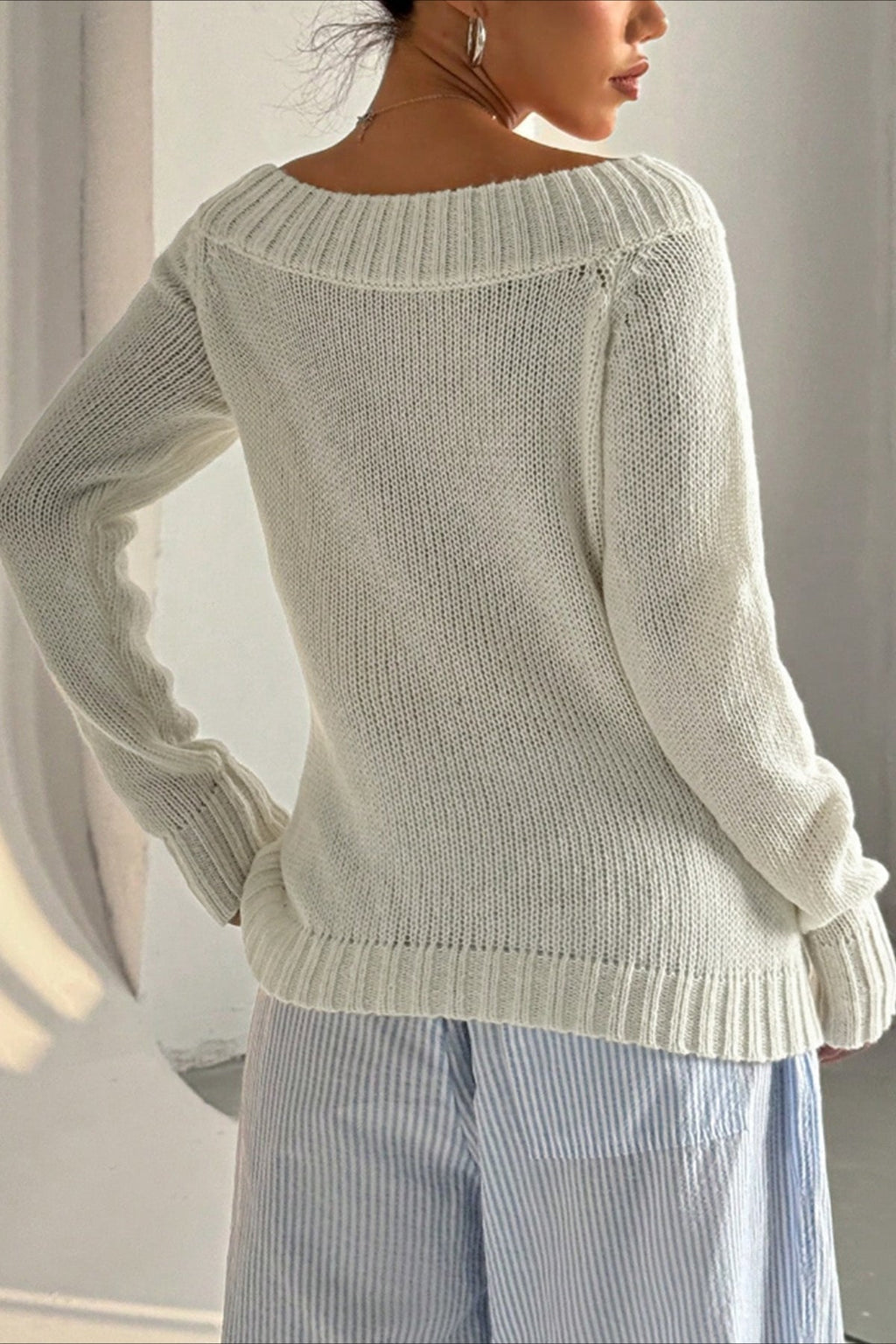 Solid Asymmetric Off-Shoulder Pullover Knit Top