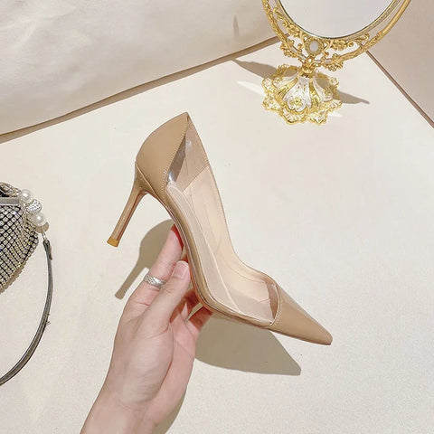 Sommer Neue Spitz Transparent Nude Farbe Splicing Stil Mode Vielseitige Dünne Ferse Schuhe frauen High Heels