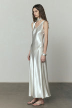 Simple Solid Satin V Neck Loose Maxi Dress