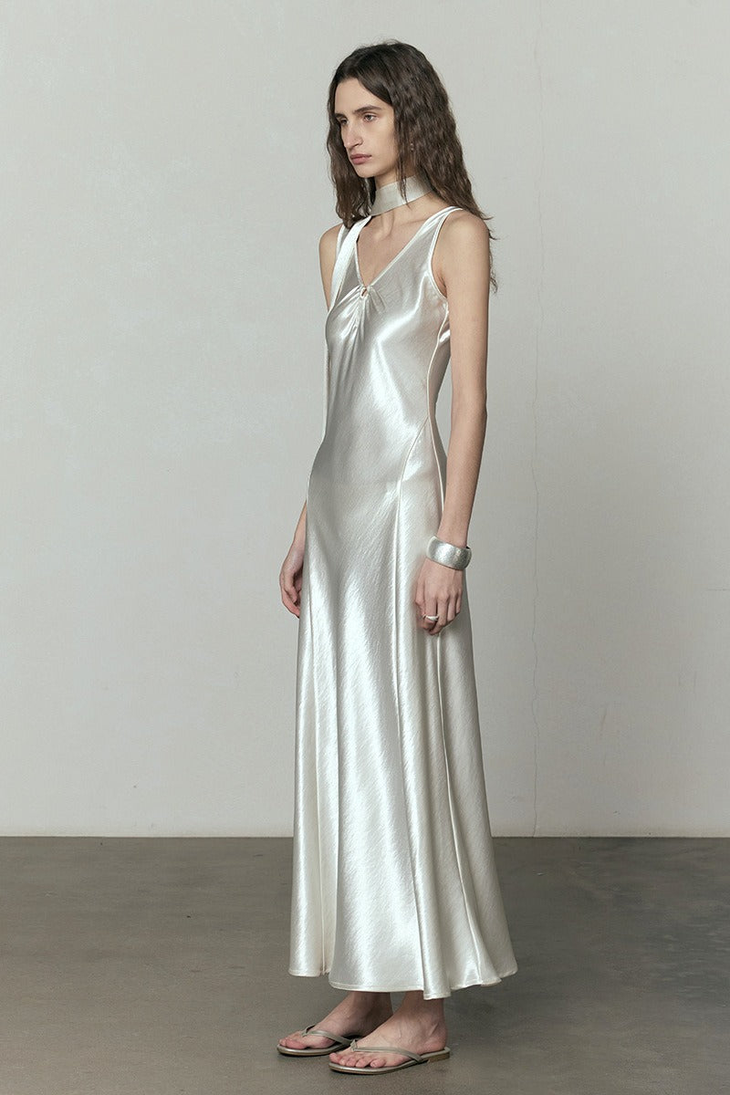 Simple Solid Satin V Neck Loose Maxi Dress