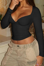 V-Neck Lace Tie Long Sleeve T-shirt