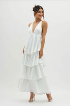 Satin V-Neck Cami Tiered Slim Maxi Dress