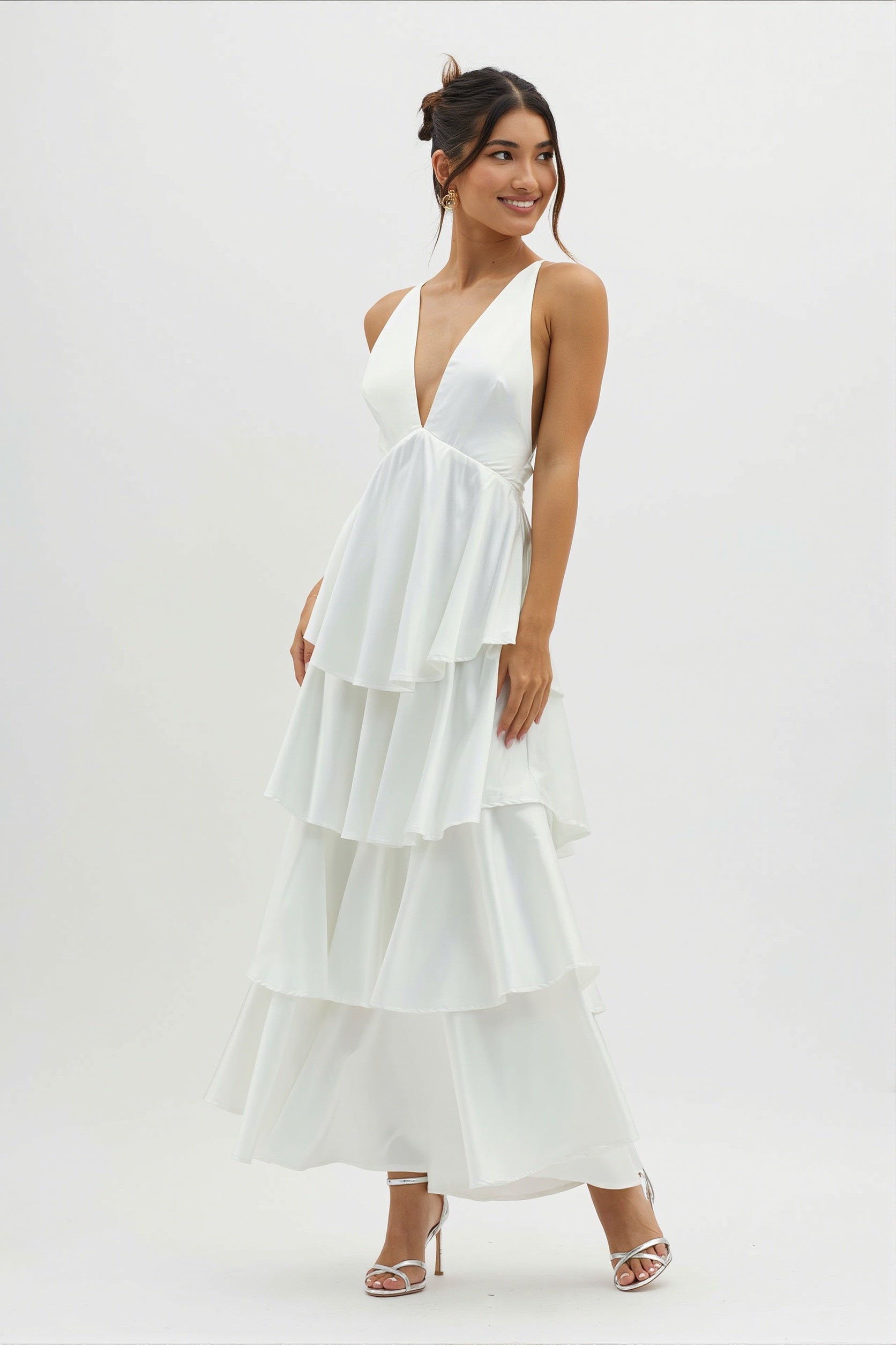 Satin V-Neck Cami Tiered Slim Maxi Dress