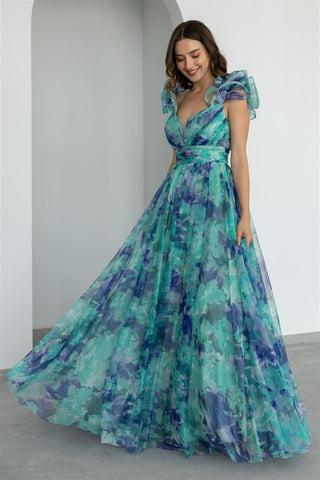 Dana Printed Ruffle Chiffon Maxi Dress