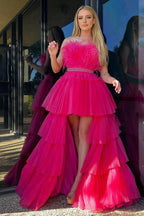 Fuchsia A-line High-Low Strapless Ruffled Tulle Prom Dress with Feathers