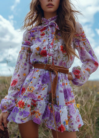 Bohemian Pastoral Style Floral Rüschen Patchwork Minikleid Langarm 