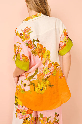 Elevate Your Wear Linen Blend Creative Flowers Button Down Oversized Blouse