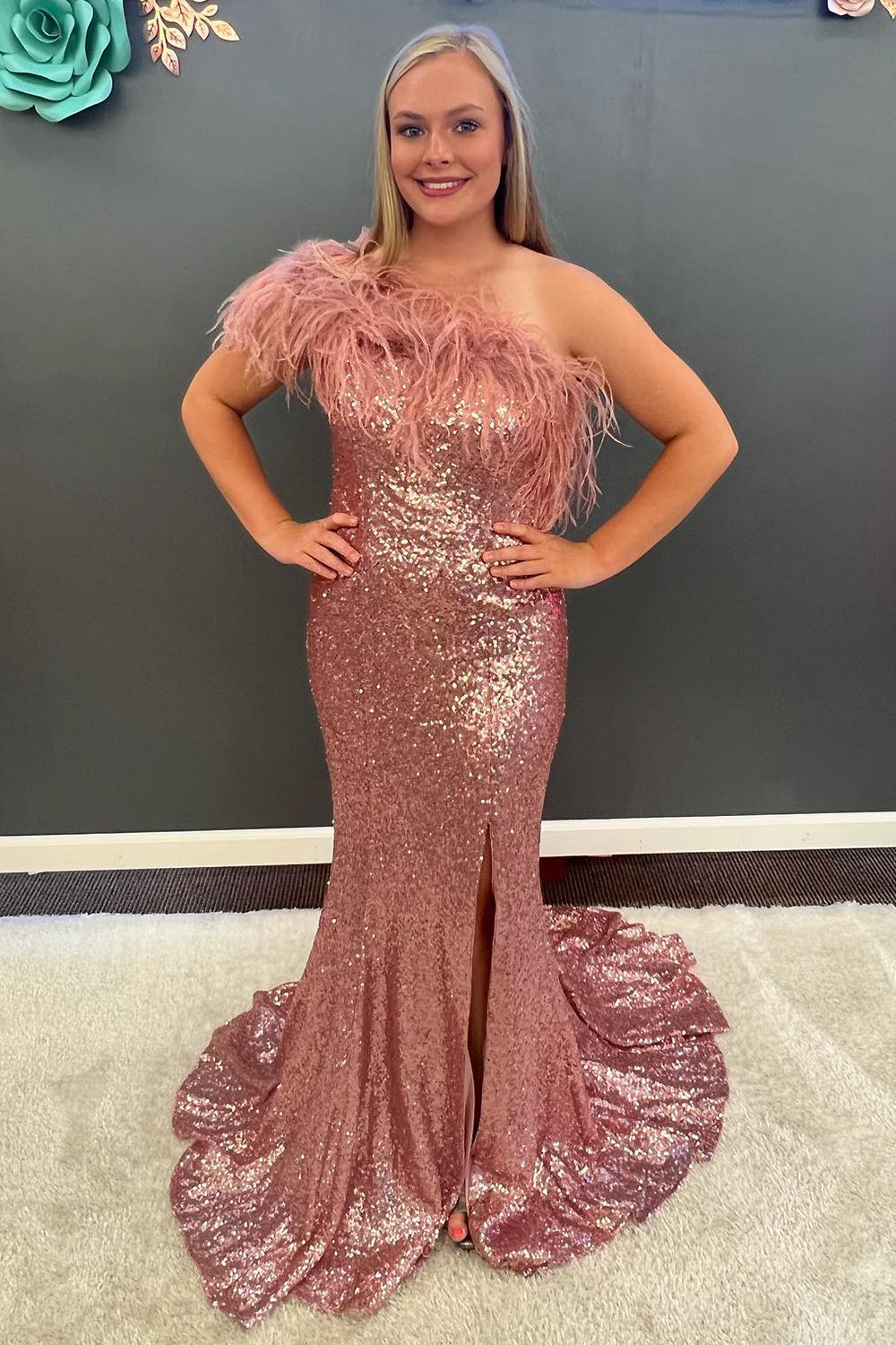 Mermaid Strapless Light Blue Sequins Long Prom Dress with Feathers