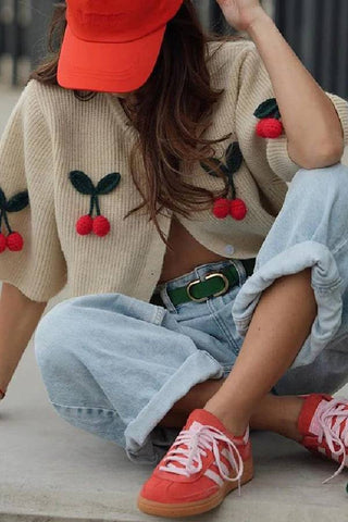 Short Sleeves Button Up Cherry Decorative Knit Sweater