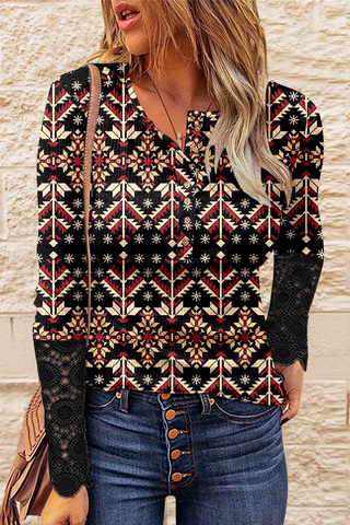 Casual Print Buckle O Neck Tops(6 Colors)