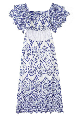 Vestido midi fruncido con volantes y encaje bordado Della 