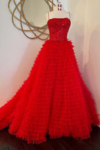 Vestido de fiesta largo rojo de princesa, corte A, tirantes finos y apliques con volantes