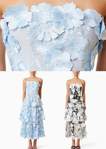 Blue Floral High Waist Maxi Dresses Embroidered Summer