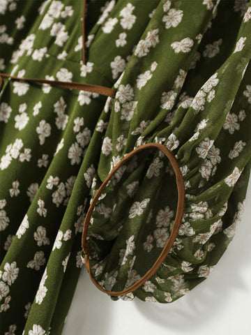 Retro Blumen Wickelkleid mit Taillenbund - Grün Lang 