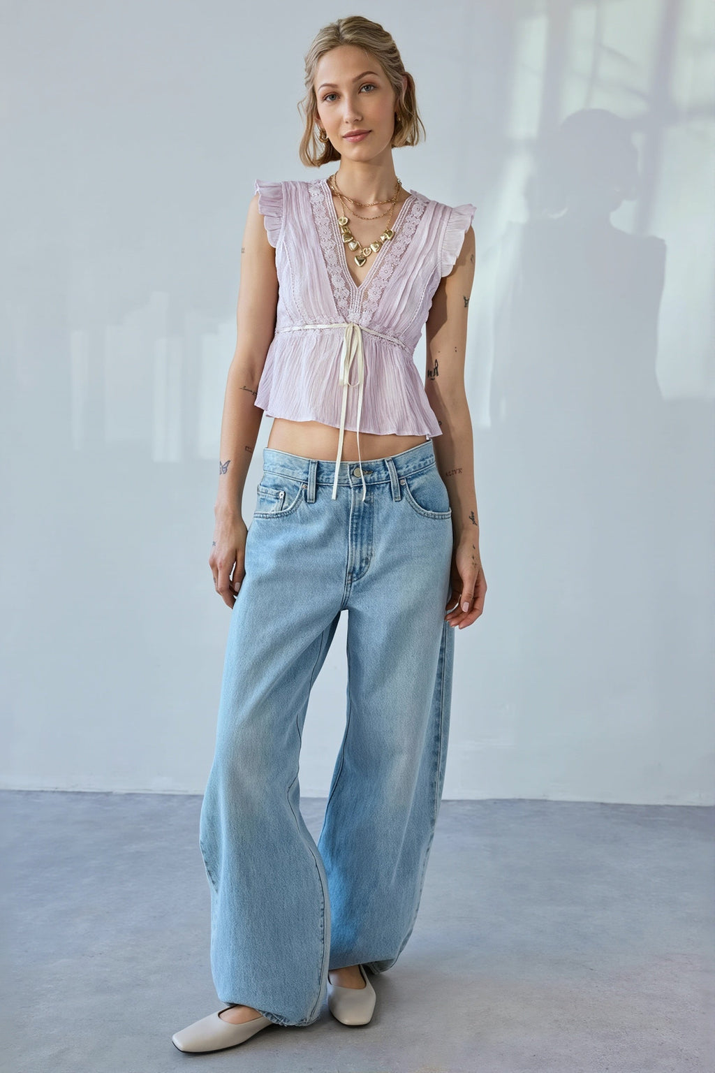 Bow Tie Lace Relaxed Ruffle Blouse