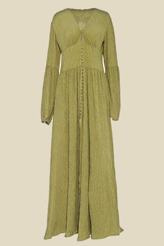 Midikleid mit V-Ausschnitt, Laternenärmeln und Knopfleiste Grün 
