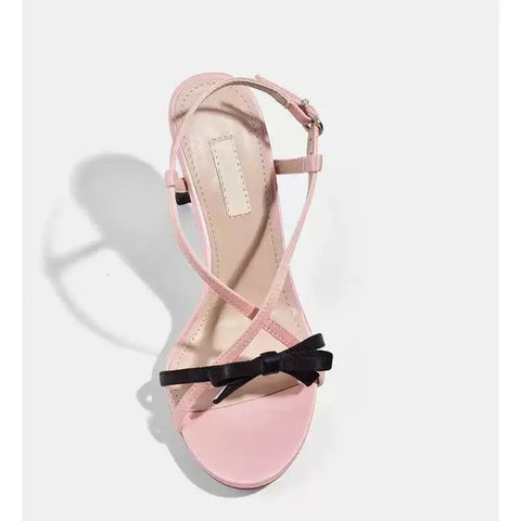 Sandalias de piel de oveja francesa con lazo dulce de colores, punta abierta, tacón fino, tacones altos para mujer, novedad 2024 