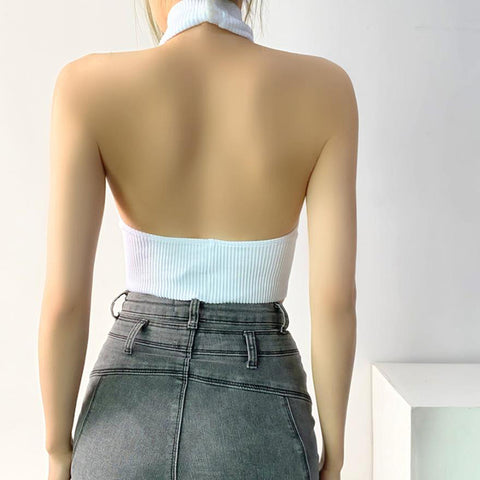 Tops de verano para mujer, básicos, informales, sin mangas, sexys, sin espalda, top corto con cuello halter, ropa Y2k para mujer, camiseta sin mangas elástica acanalada 