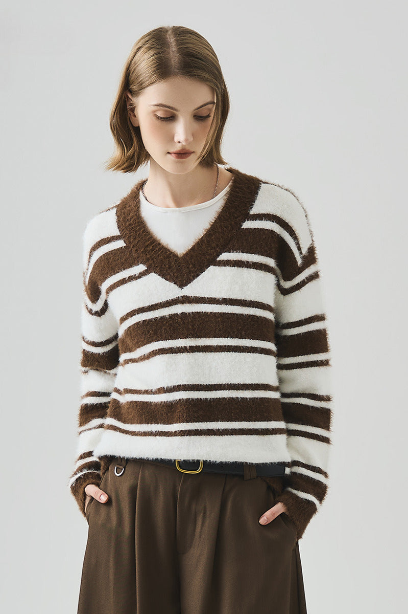 Striped V Neck Loose Long Sleeve Knit Sweater