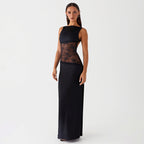 Sexy Lace Satin Backless Maxi Dress