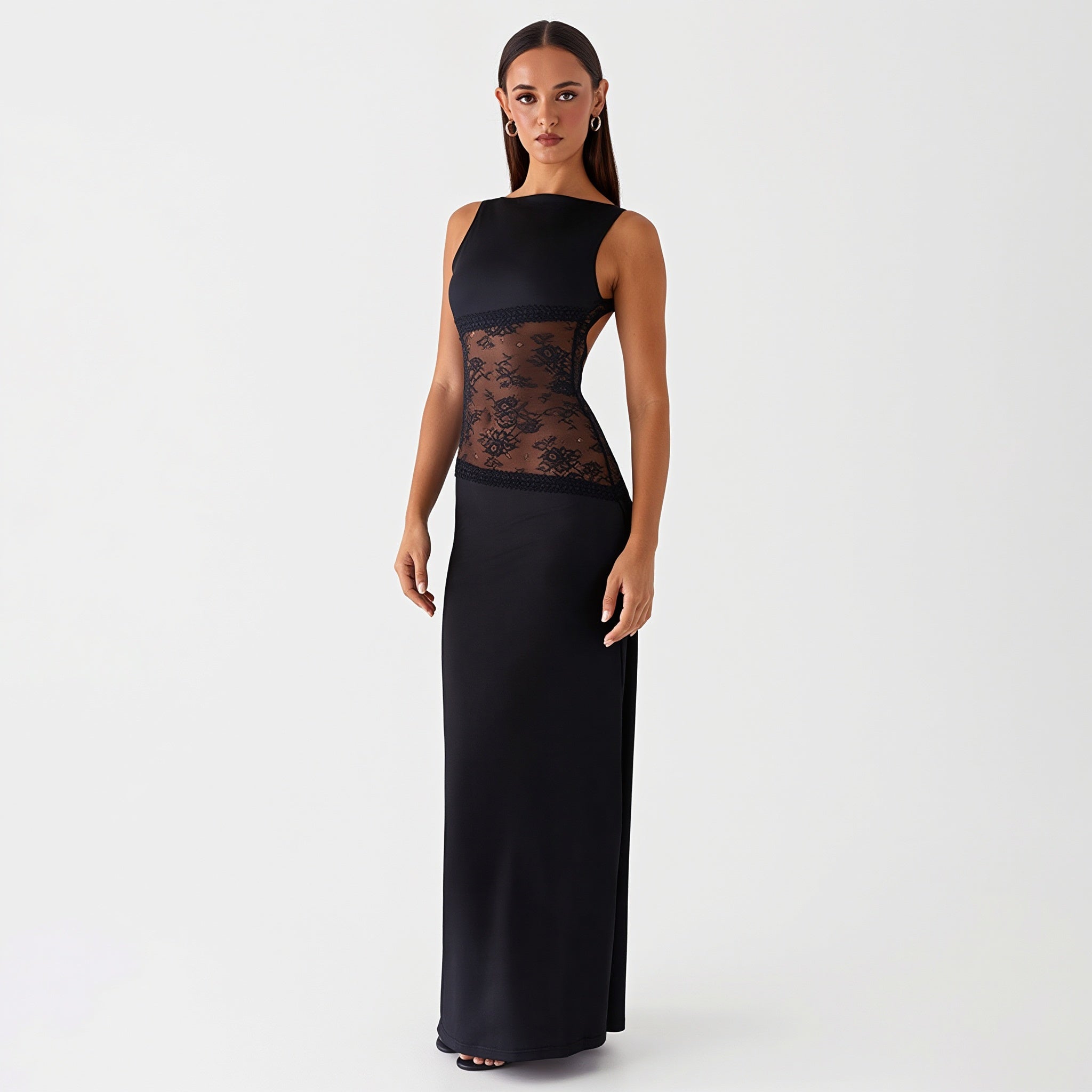 Sexy Lace Satin Backless Maxi Dress