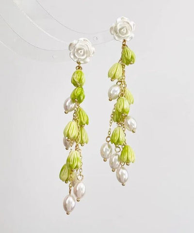 Beautiful Green Sterling Silver Alloy Pearl Lily Of The Valley Tassel Drop Earrings