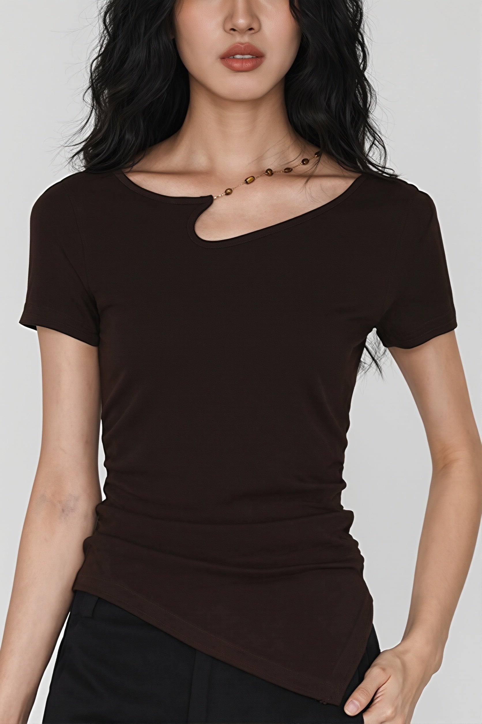 Solid Simple Beaded Hollow Neck T-Shirt