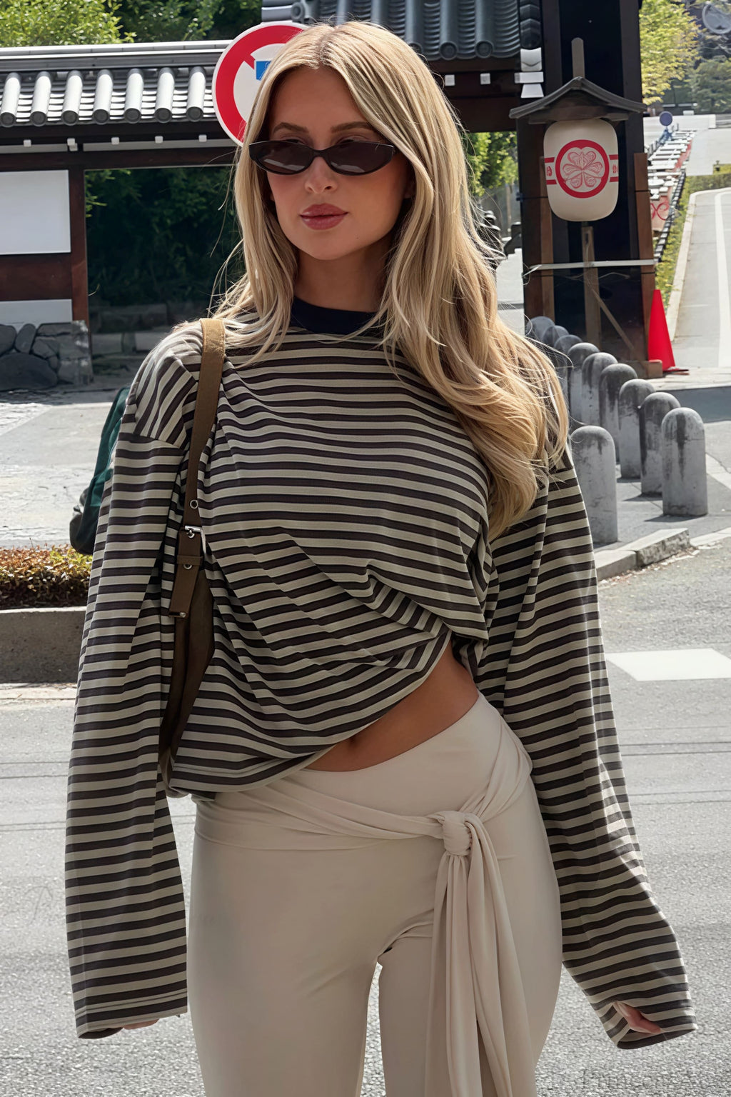 Striped Color Block Crew Neck Loose Long Sleeve Tee