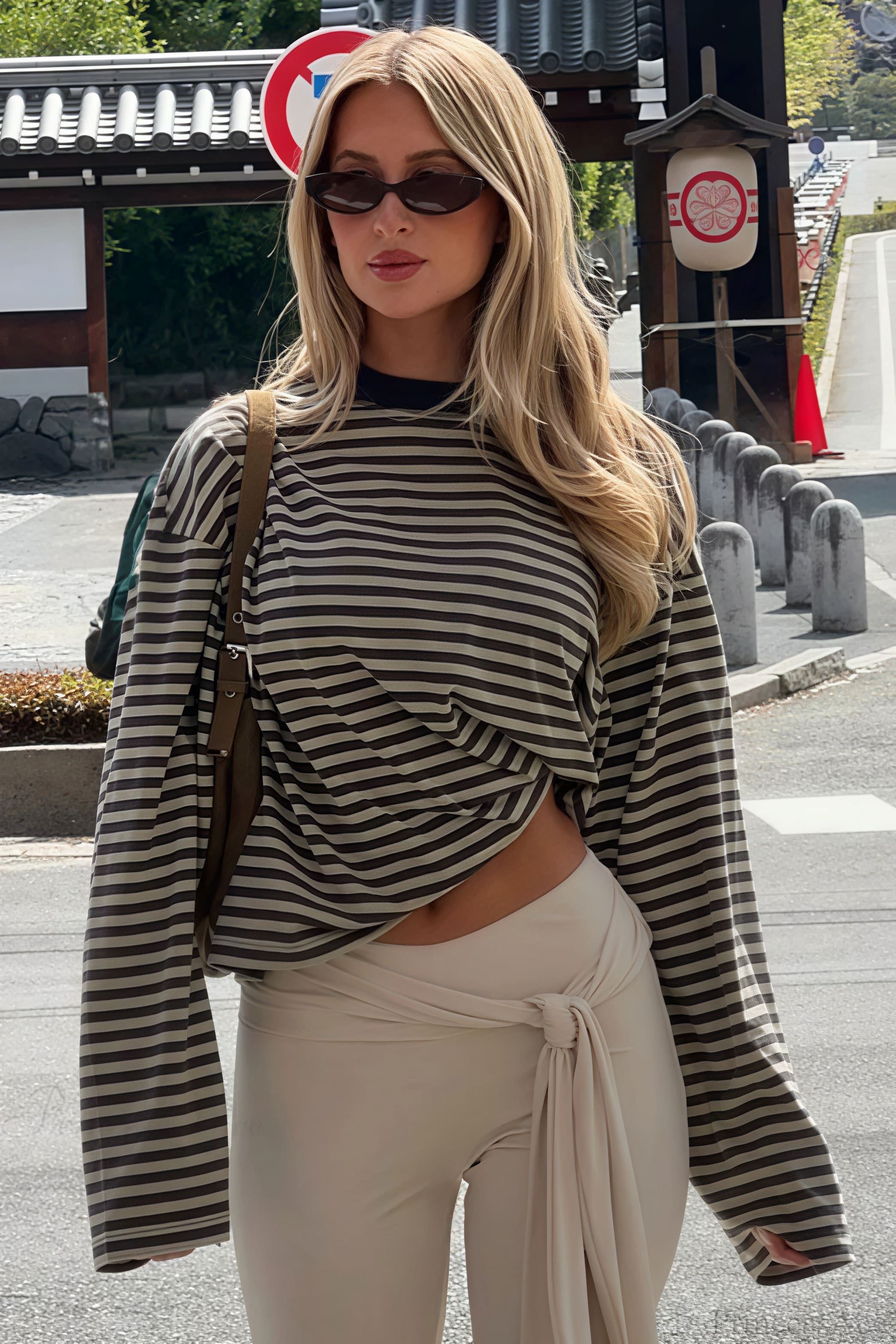 Striped Color Block Crew Neck Loose Long Sleeve Tee