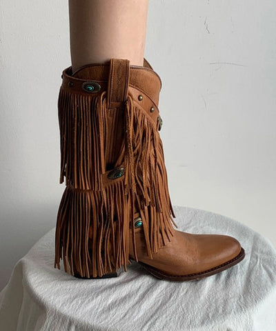 Boho Splicing Chunky Cowgirl Stiefel Quaste Rindsleder 