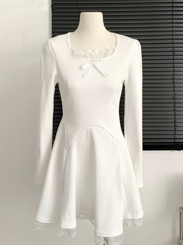 Süßes gestricktes Minikleid für Frauen, Langarm, Schleife, Spitze, quadratischer Kragen, Herbst, Frühling, A-Linie, Party, Robe, koreanische Y2K-Mode, Vestidos 