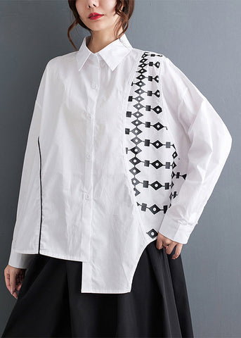Blusa de algodón con botones blancos, cuello Peter Pan y manga larga 