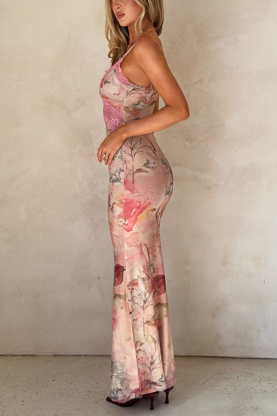 Elegant Lace Chiffon Floral Cami Maxi Dress