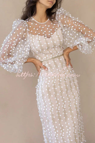 Vestido midi ajustado con mangas abullonadas transparentes y bordado Floral Passions 