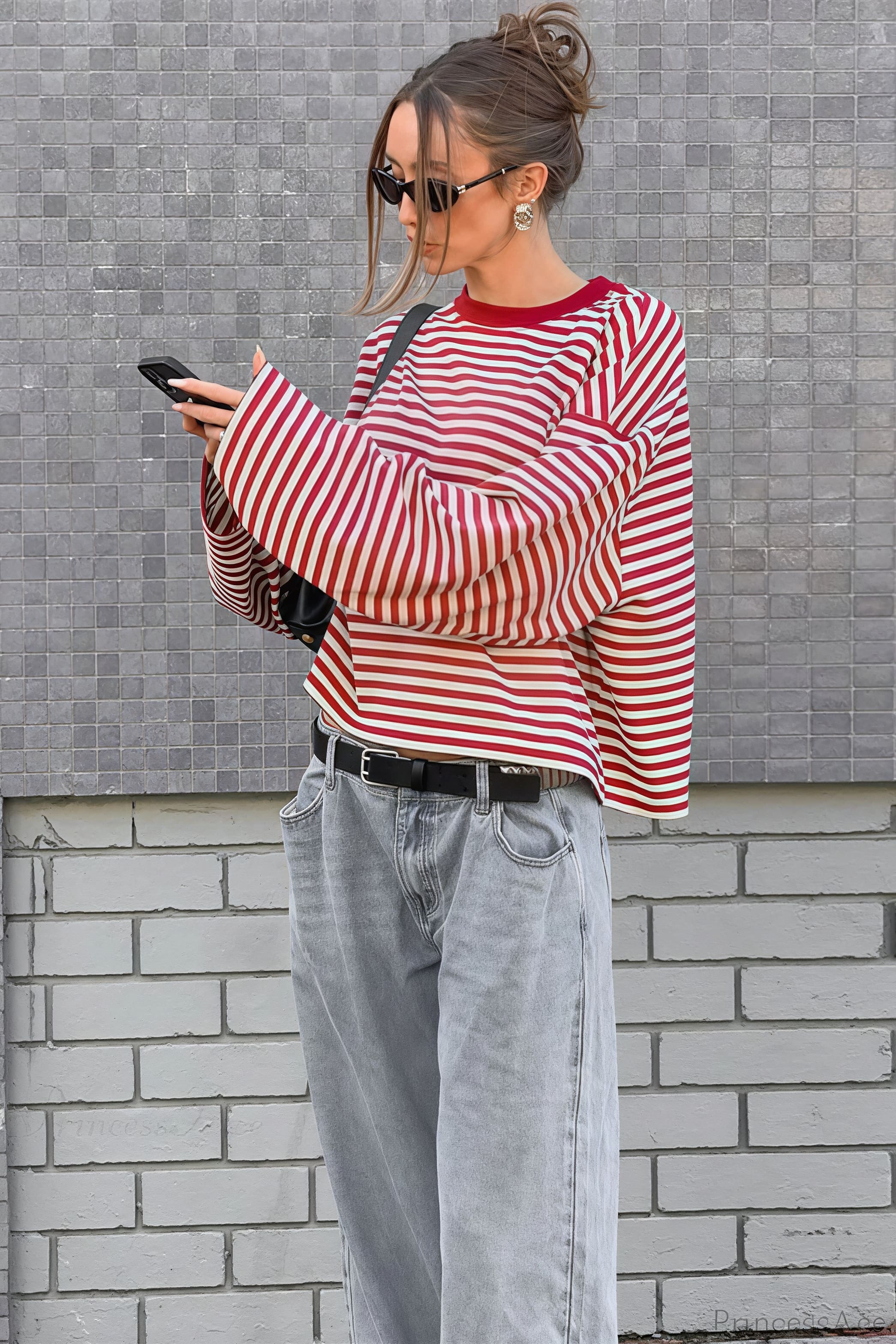 Striped Color Block Crew Neck Loose Long Sleeve Tee
