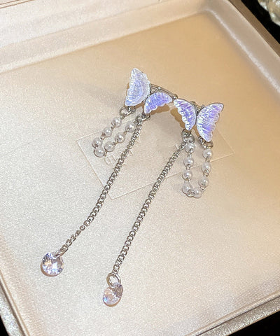 Pendientes colgantes con borlas de mariposa, perlas y circonitas de aleación de seda fina 