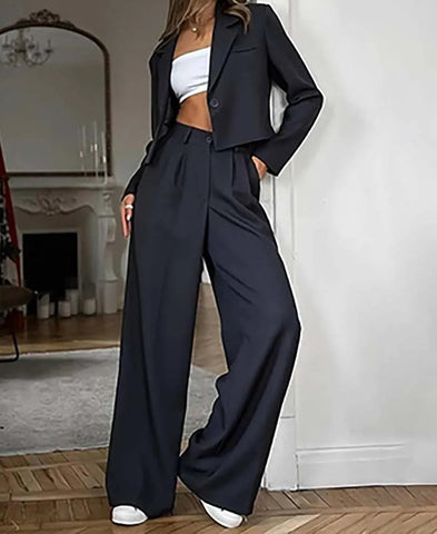 Schwarz-blaues Blazer-Zweiteiler-Set fürs Büro mit einem Knopf 