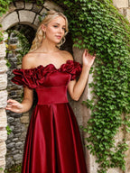 Sexy schulterfreies, langes A-Linien-Abendkleid im Prinzessinnenstil aus Satin mit Rüschenärmeln