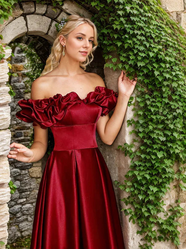 Sexy schulterfreies, langes A-Linien-Abendkleid im Prinzessinnenstil aus Satin mit Rüschenärmeln