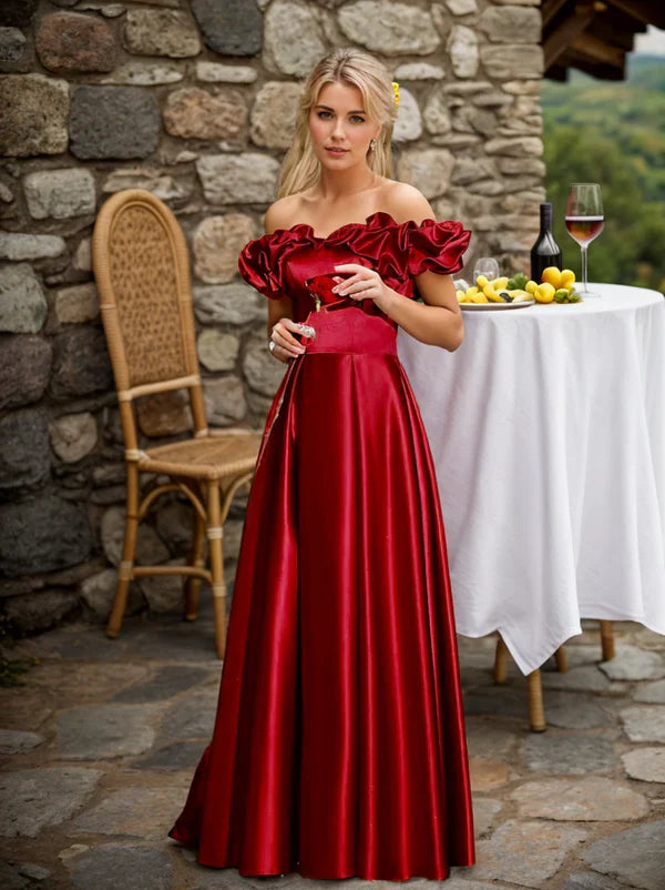Sexy schulterfreies, langes A-Linien-Abendkleid im Prinzessinnenstil aus Satin mit Rüschenärmeln