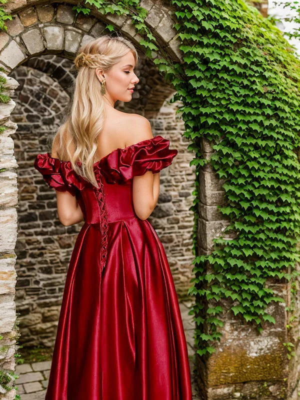 Sexy schulterfreies, langes A-Linien-Abendkleid im Prinzessinnenstil aus Satin mit Rüschenärmeln
