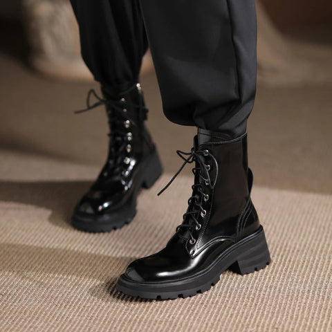 Botas de mujer otoño 2024, nuevas botas de tobillo de piel auténtica de estilo británico con suela gruesa y cordones, botas de plataforma para mujer 